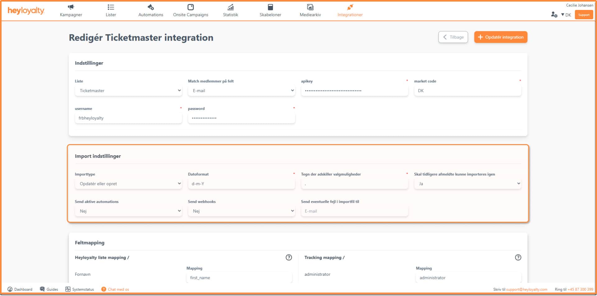 Import indstillinger ticketmaster integration